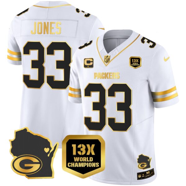 Packers 13 Time World Champions & Home Patch Gold Vapor Jersey V2 – All Stitched – White Gold – Aaron Jones Jersey