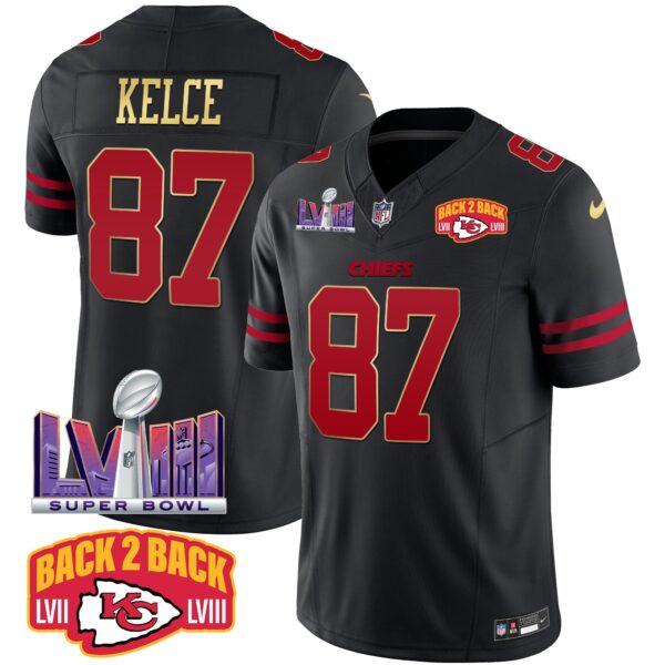 Chiefs Super Bowl LVIII & Back 2 Back Patch Vapor Jersey – All Stitched – Gold Trim – Travis Kelce Jersey