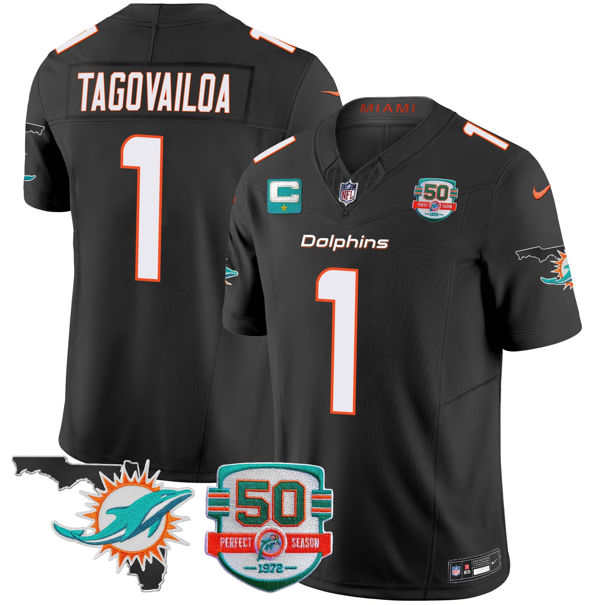 Dolphins 50th Perfect Season & Florida Patch Vapor Jersey – All Stitched – Black – Tua Tagovailoa Jersey