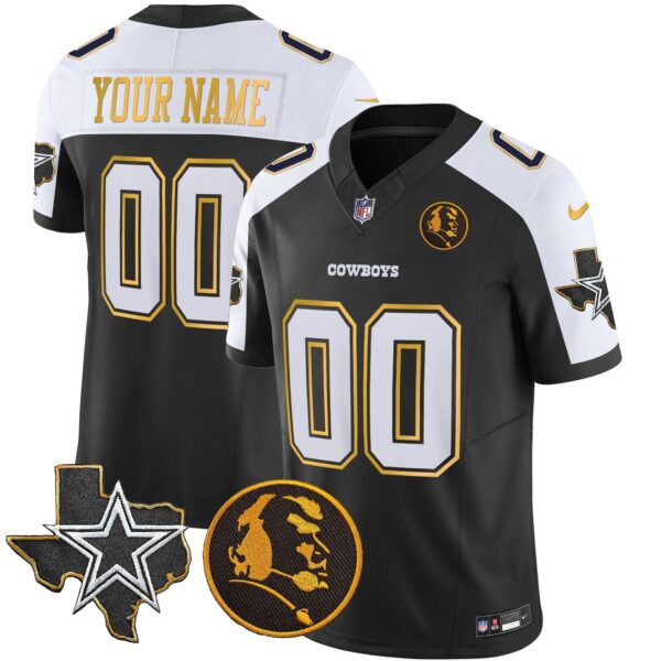 Cowboys Texas & John Madden Patch Gold Trim Vapor Custom Jersey – All Stitched – Black Alternate Jersey