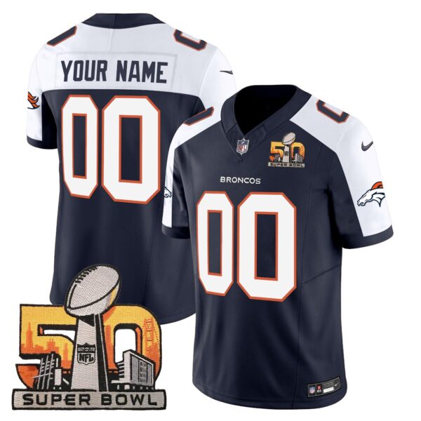 Denver Broncos Super Bowl 50 Patch Vapor Custom Jersey – All Stitched – Navy Alternate Jersey