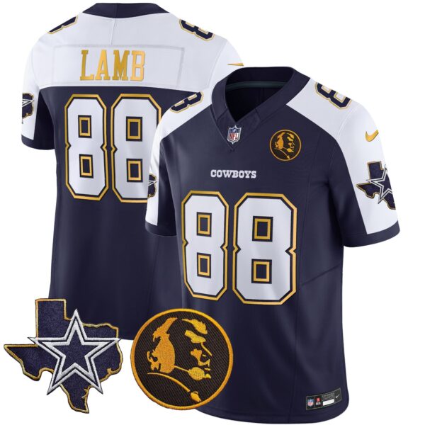 Cowboys Texas & John Madden Patch Gold Trim Vapor Jersey – All Stitched – Navy Alternate – CeeDee Lamb Jersey