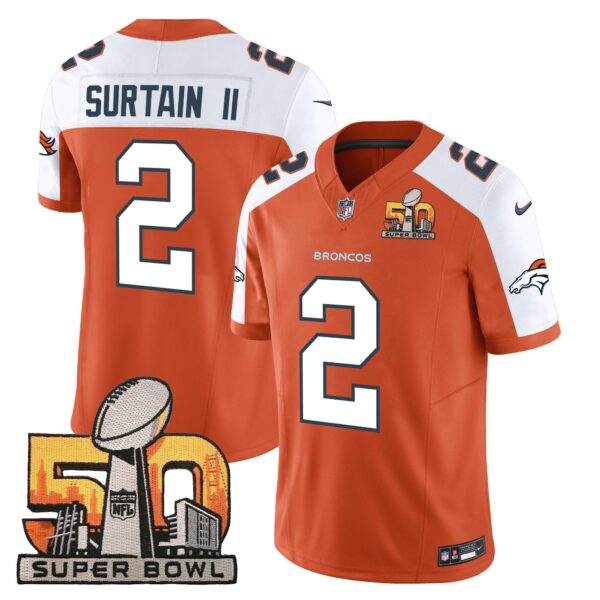 Denver Broncos Super Bowl 50 Patch Vapor Jersey – All Stitched – Orange Alternate – Patrick Surtain II Jersey