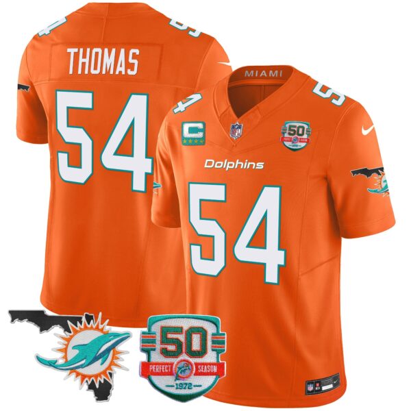Dolphins 50th Perfect Season & Florida Patch Vapor Jersey – All Stitched – Orange – Zach Thomas Jersey