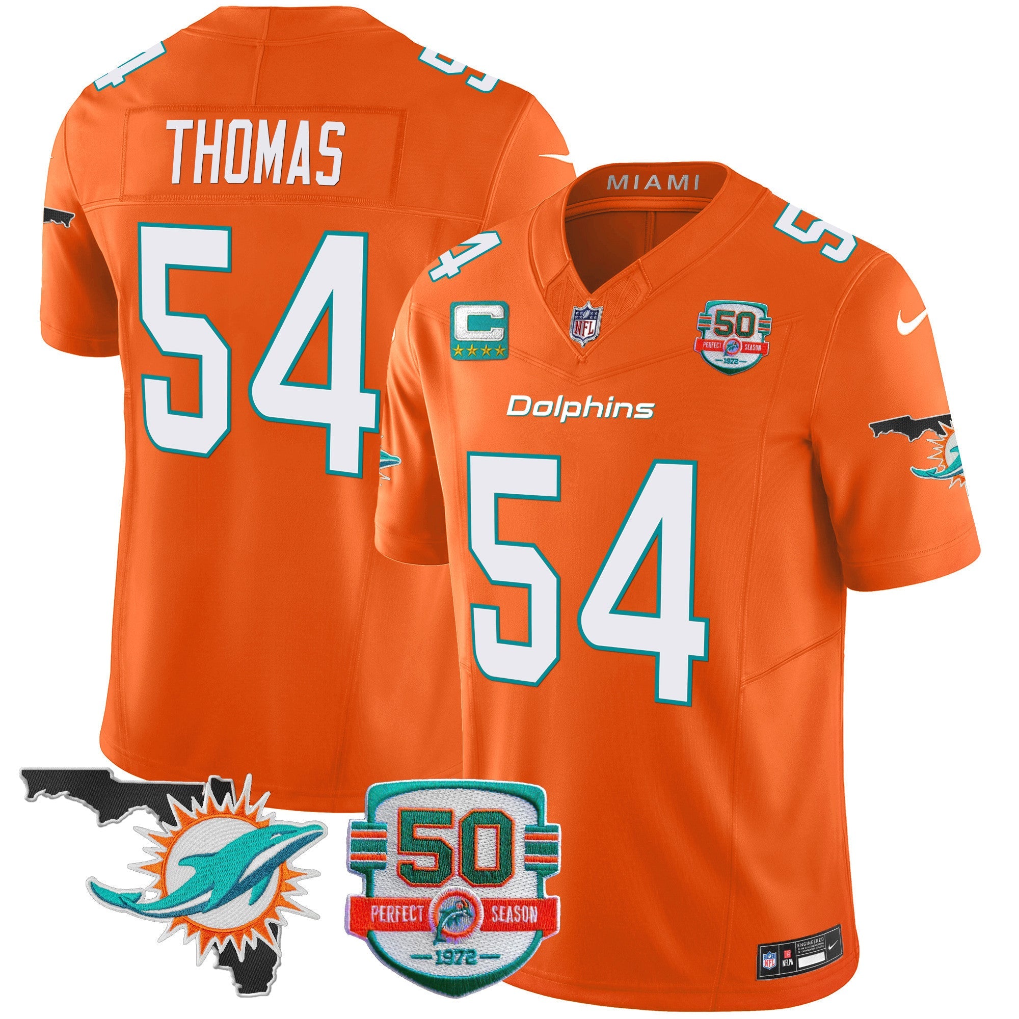 Dolphins 50th Perfect Season & Florida Patch Vapor Jersey – All Stitched – Orange – Zach Thomas Jersey
