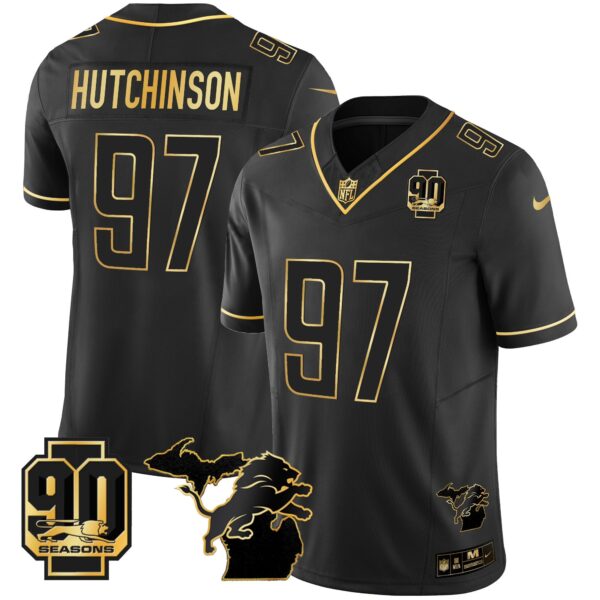Detroit Lions 90th Year & Michigan Patch Gold Vapor Jersey – All Stitched – Black Gold – Hutchinson Jersey