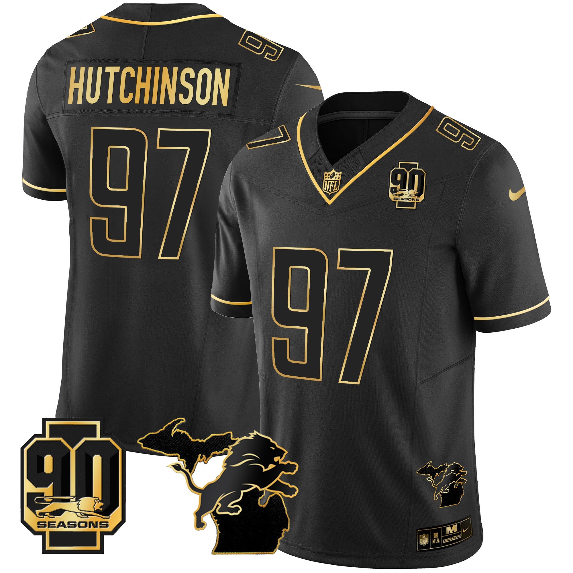 Detroit Lions 90th Year & Michigan Patch Gold Vapor Jersey – All Stitched – Black Gold – Hutchinson Jersey