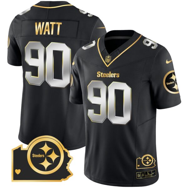 Steelers Home Patch Gold Vapor Jersey – All Stitched – Black Limited – T. J. Watt Jersey