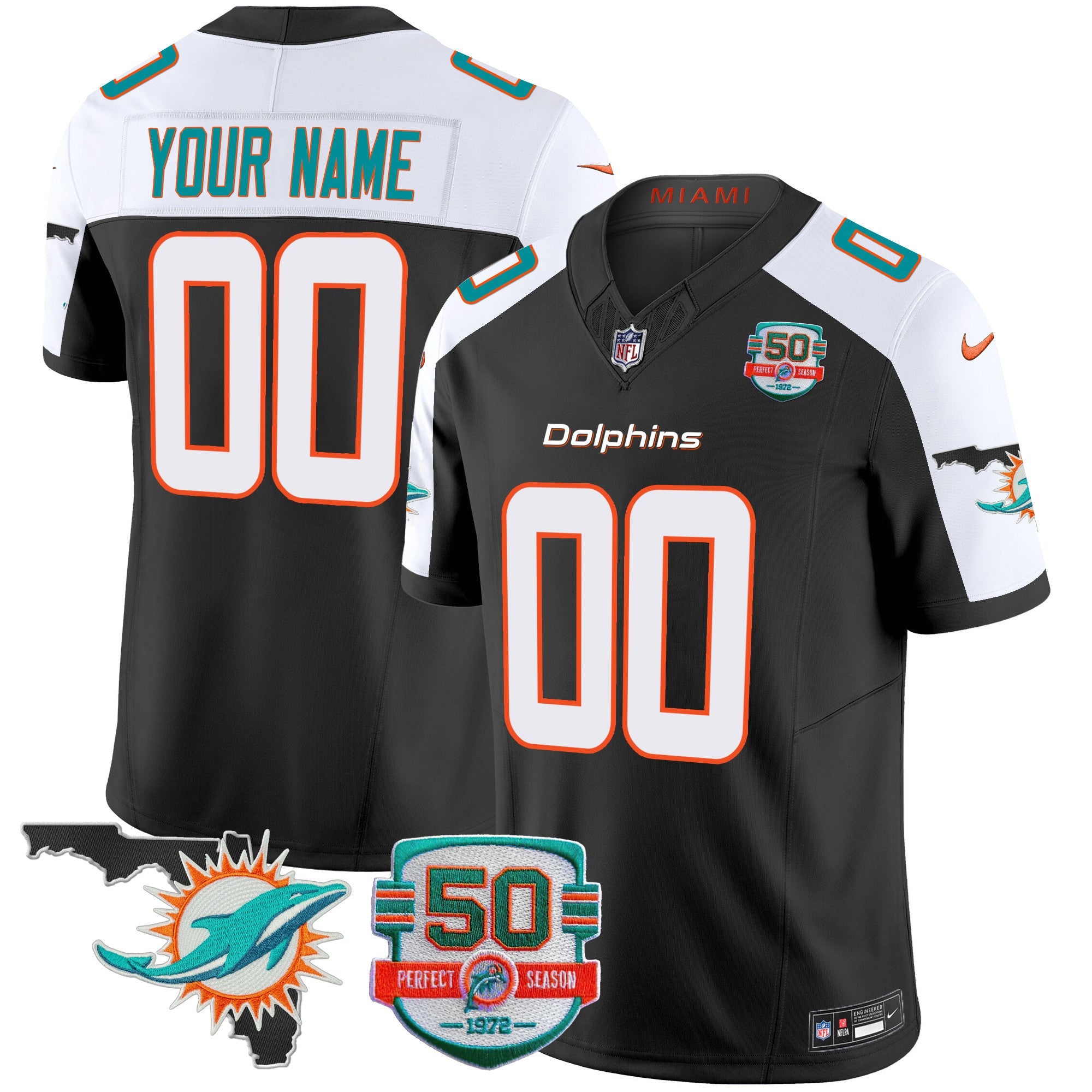 Dolphins 50th Perfect Season & Florida Patch Vapor Custom Jersey – All Stitched – Black Alternate Jersey