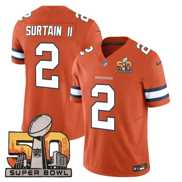 Denver Broncos Super Bowl 50 Patch Vapor Jersey – All Stitched – Orange – Patrick Surtain II Jersey