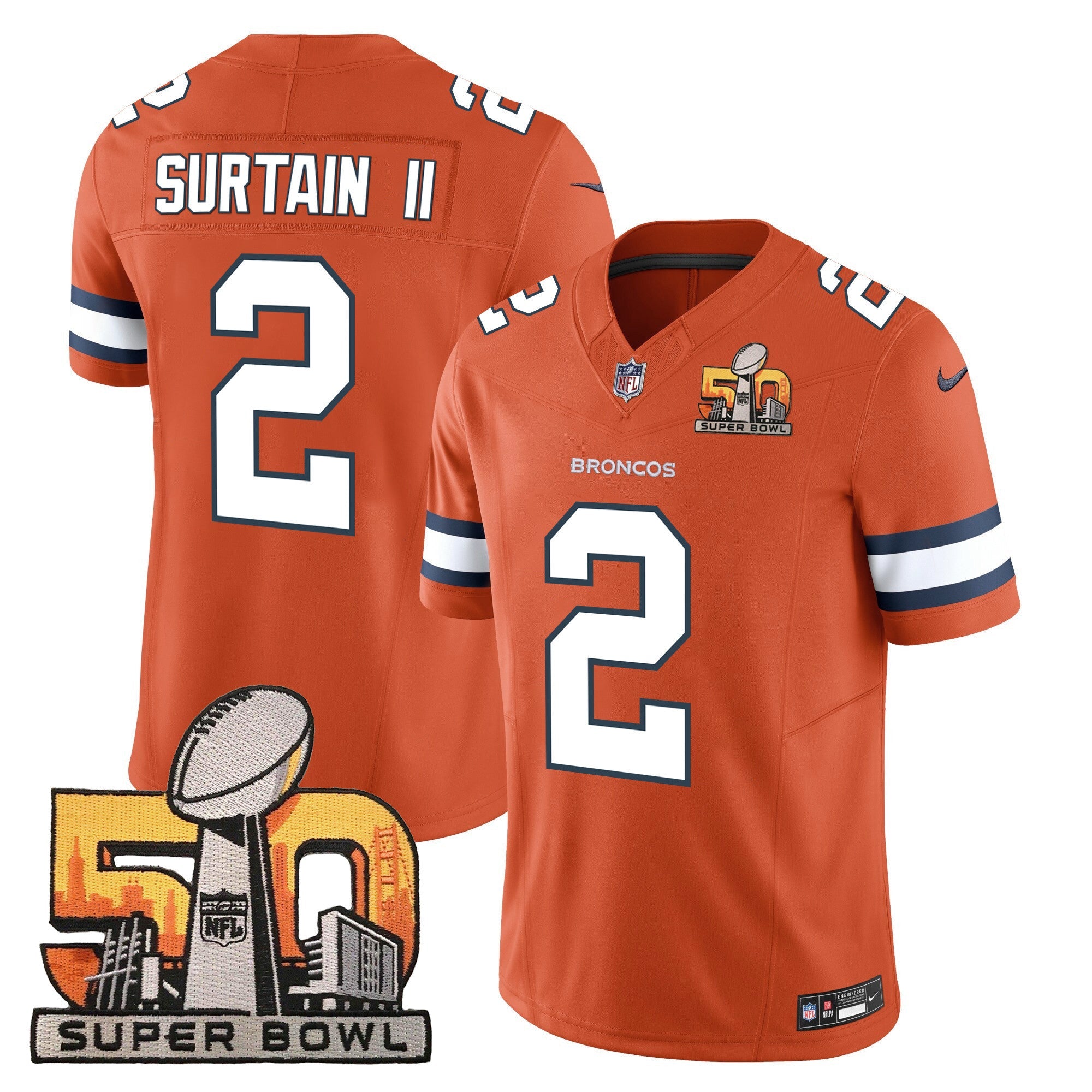 Denver Broncos Super Bowl 50 Patch Vapor Jersey – All Stitched – Orange – Patrick Surtain II Jersey