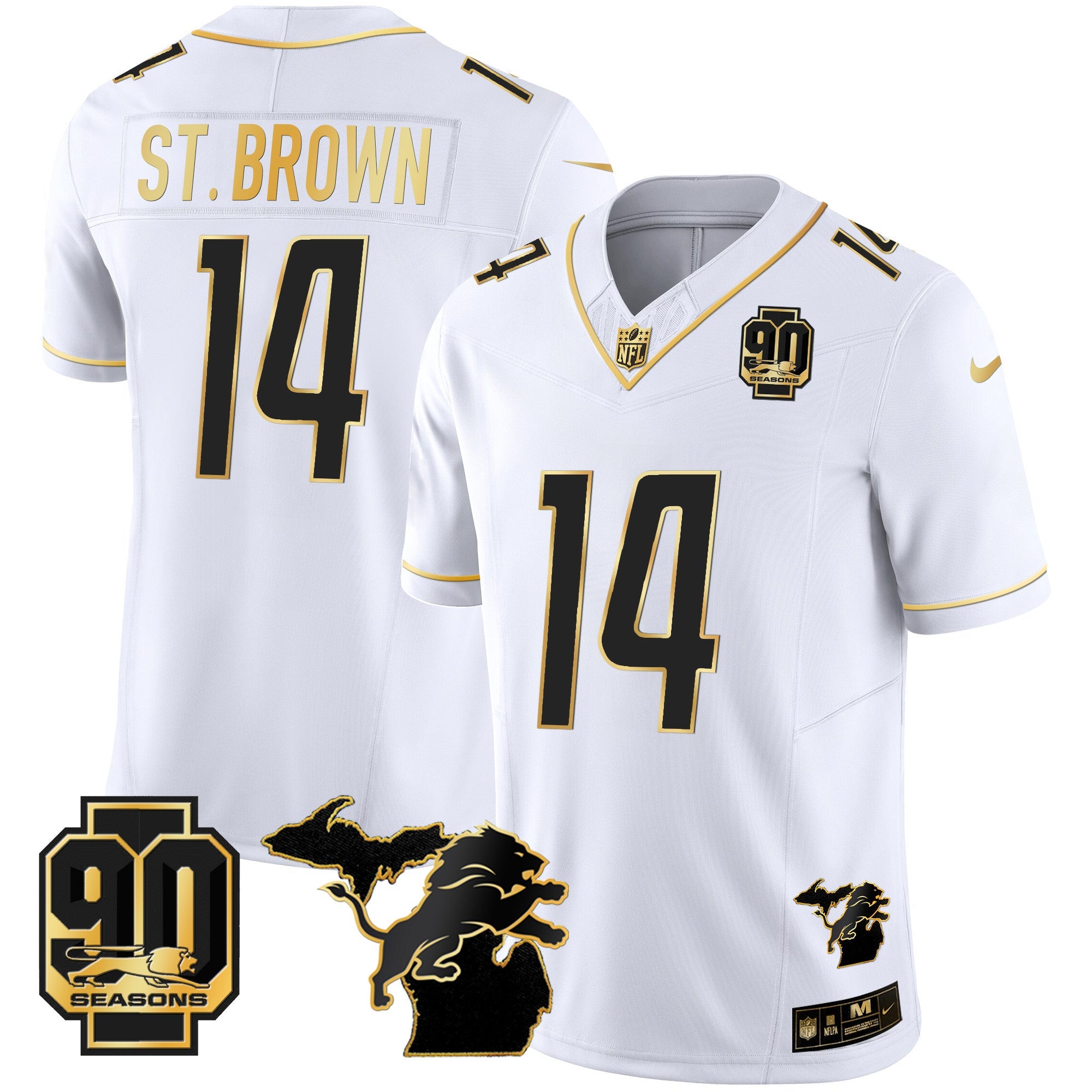 Detroit Lions 90th Year & Michigan Patch Gold Vapor Jersey – All Stitched – White Gold – St. Brown Jersey