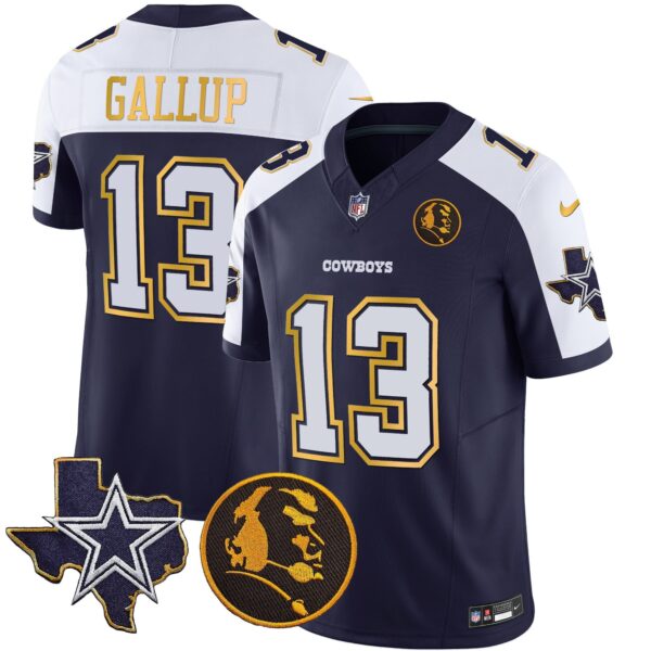 Cowboys Texas & John Madden Patch Gold Trim Vapor Jersey – All Stitched – Navy Alternate – Michael Gallup Jersey