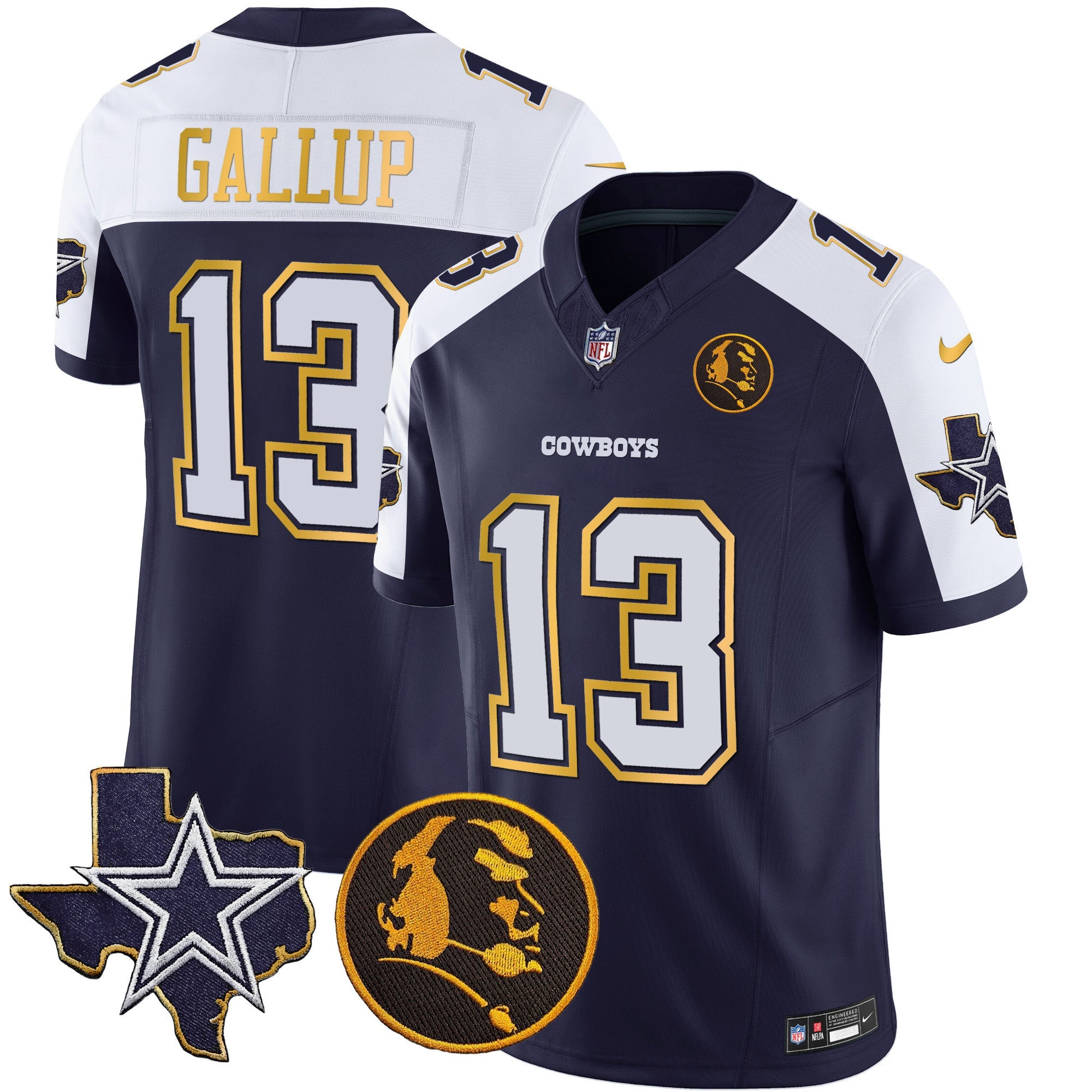 Cowboys Texas & John Madden Patch Gold Trim Vapor Jersey – All Stitched – Navy Alternate – Michael Gallup Jersey