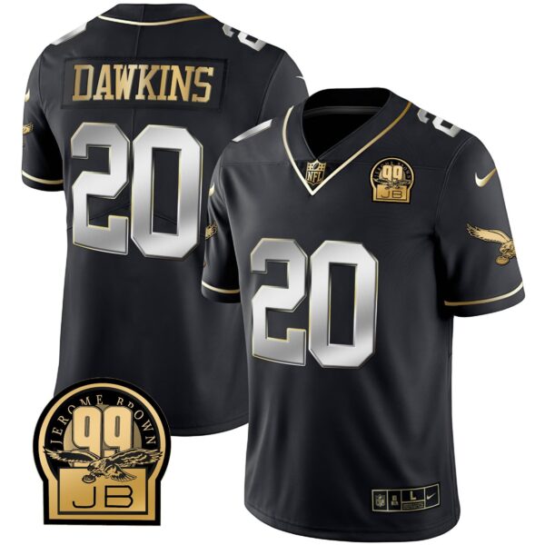 Eagles Jerome Brown Retired Patch Gold & Kelly Jersey – All Stitched – Black Limited – Brian Dawkins Jersey