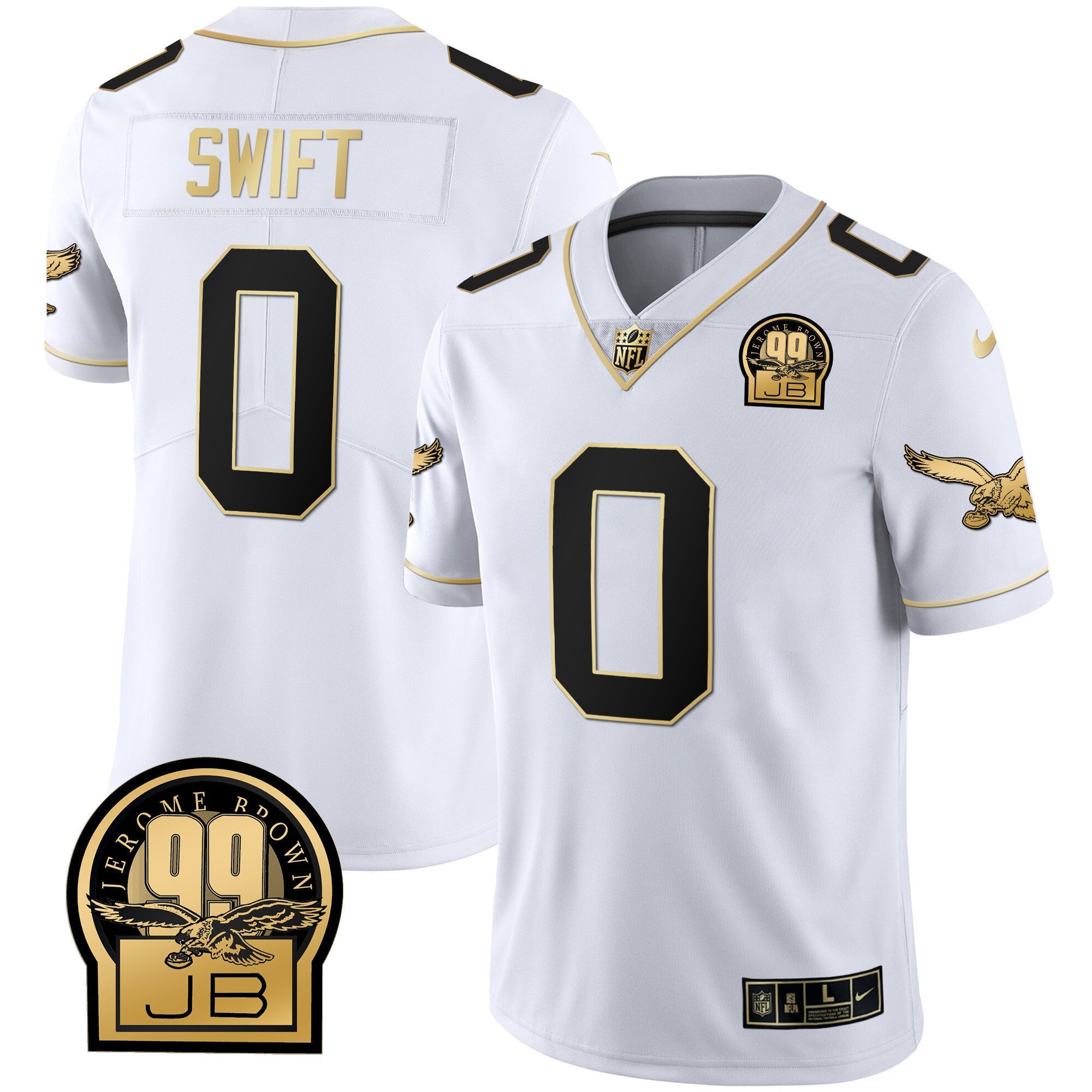 Eagles Jerome Brown Retired Patch Gold & Kelly Jersey – All Stitched – White Gold – D’Andre Swift Jersey