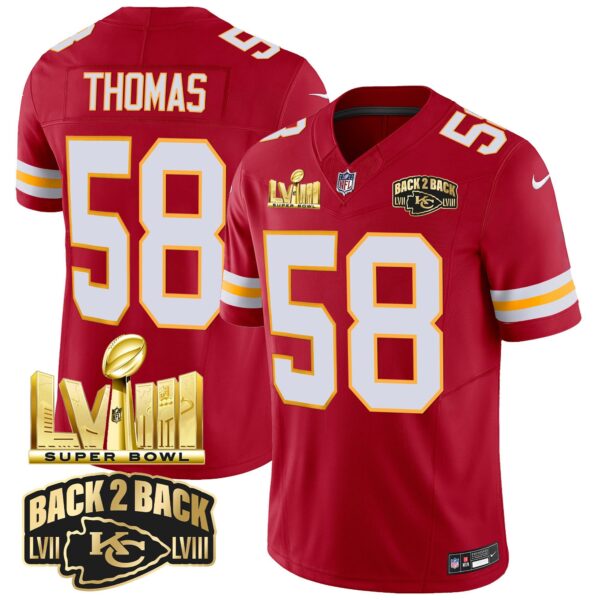 Chiefs Super Bowl LVIII & Back 2 Back Gold Patch Vapor Jersey – All Stitched – Red – Derrick Thomas Jersey
