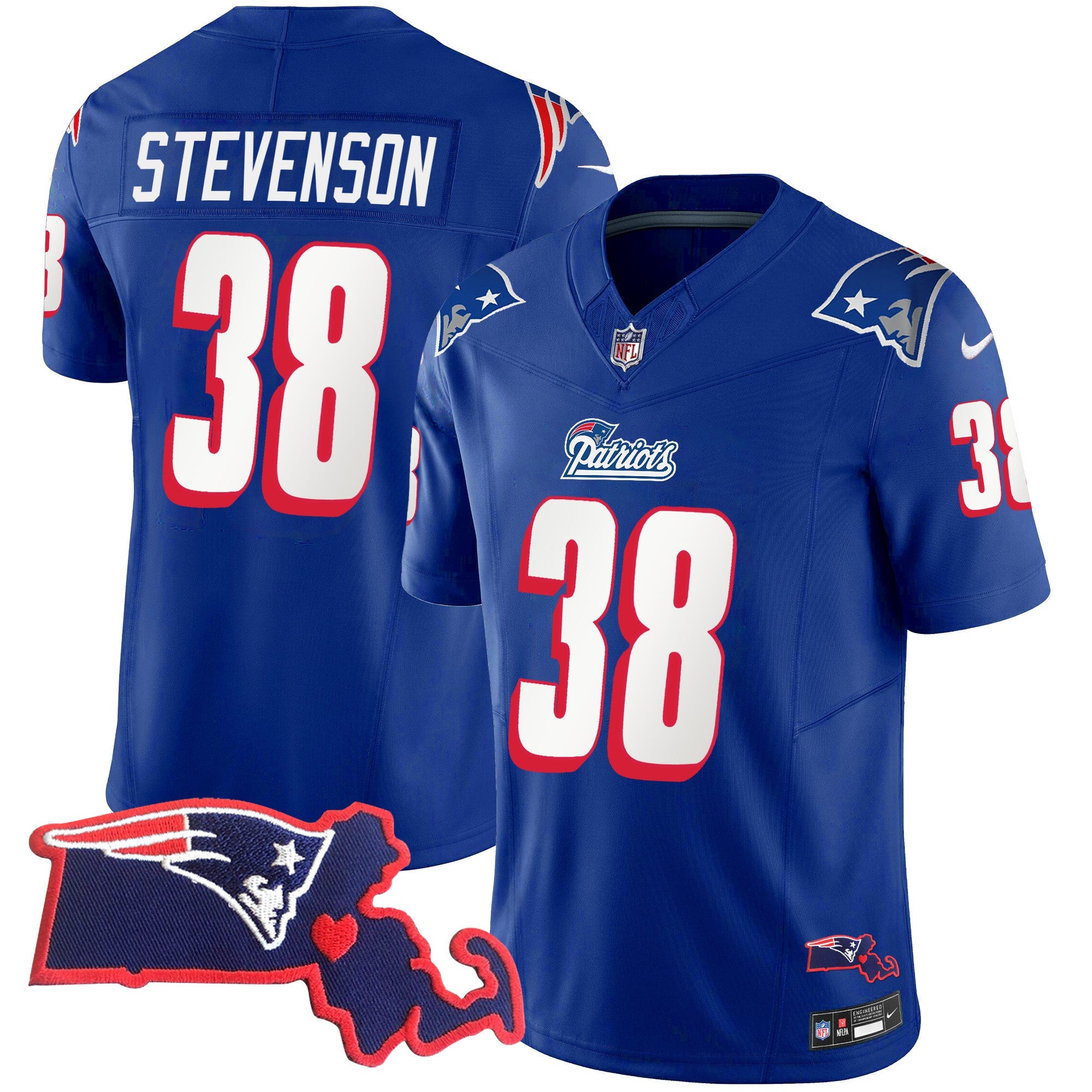 Patriots 1996 Throwback State Patch Vapor Jersey – All Stitched – Royal – Rhamondre Stevenson Jersey