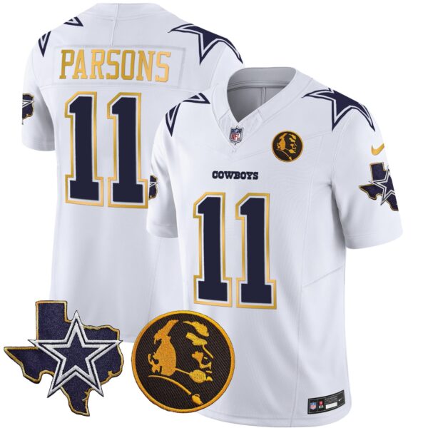 Cowboys Texas & John Madden Patch Gold Trim Vapor Jersey – All Stitched – White – Micah Parsons Jersey