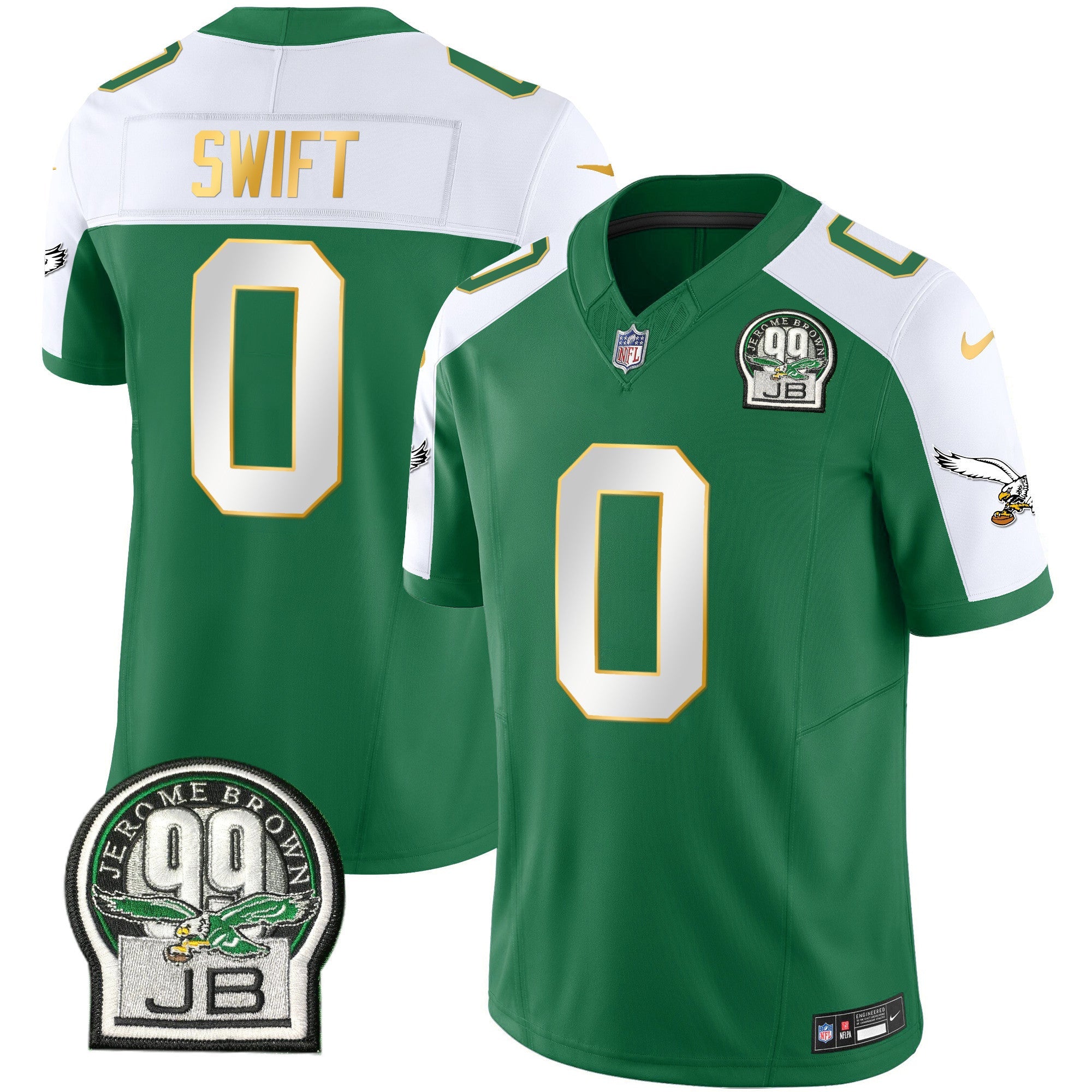 Eagles Jerome Brown Patch Kelly Green Gold Trim Jersey – All Stitched – Kelly Alternate – D’Andre Swift Jersey