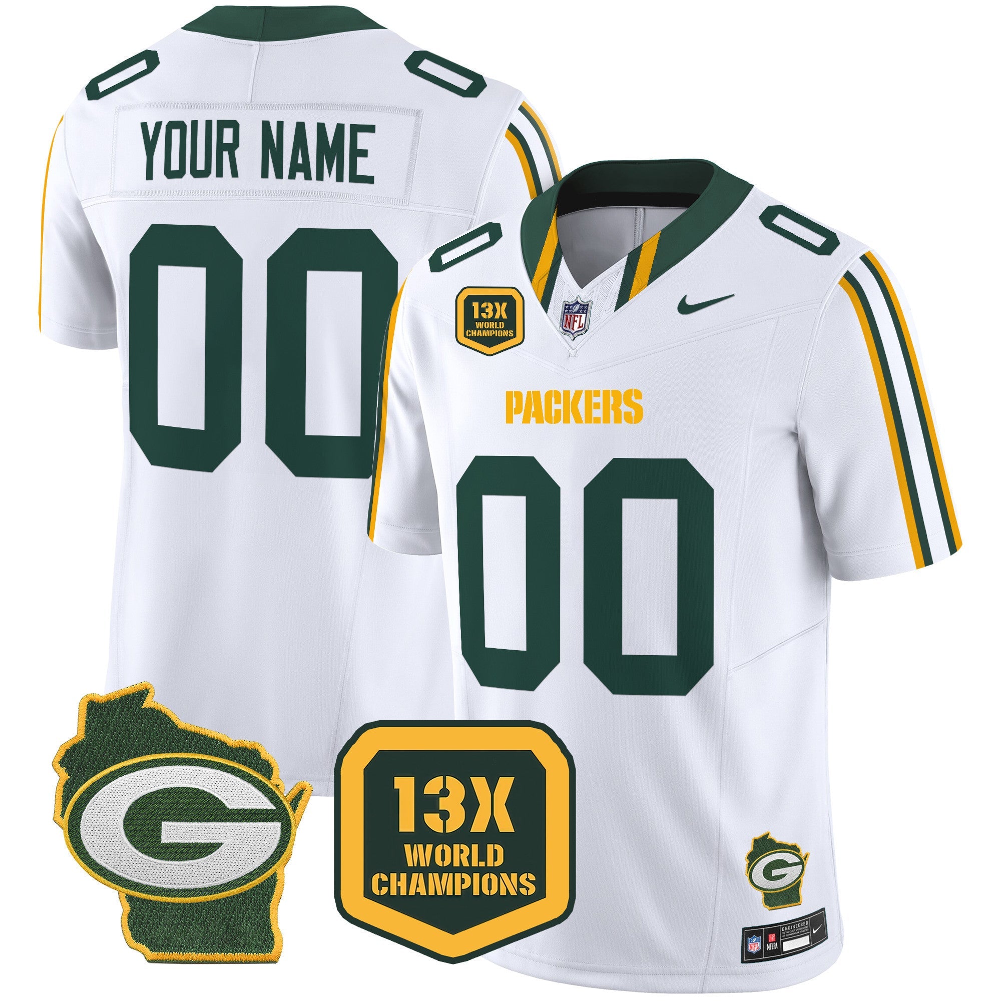 Packers 13 Time World Champions & Home Patch Vapor Limited Custom Jersey – All Stitched – White Jersey
