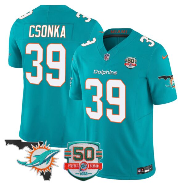 Dolphins 50th Perfect Season & Florida Patch Vapor Jersey – All Stitched – Aqua – Larry Csonka Jersey