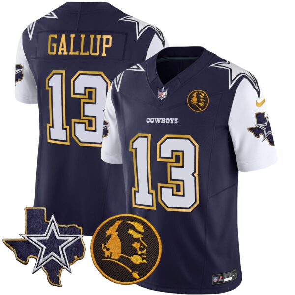 Cowboys Texas & John Madden Patch Gold Trim Vapor Jersey – All Stitched – Navy – Michael Gallup Jersey