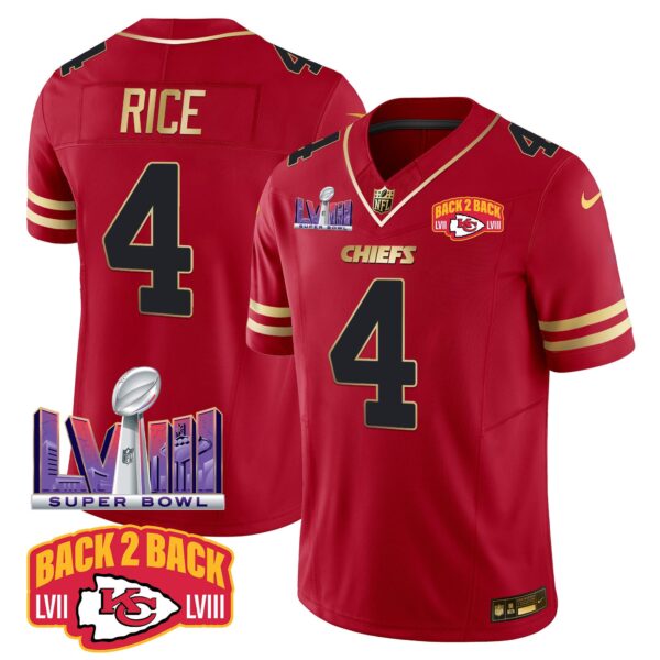 Chiefs Super Bowl LVIII & Back 2 Back Patch Vapor Jersey – All Stitched – Black Red – Rashee Rice Jersey