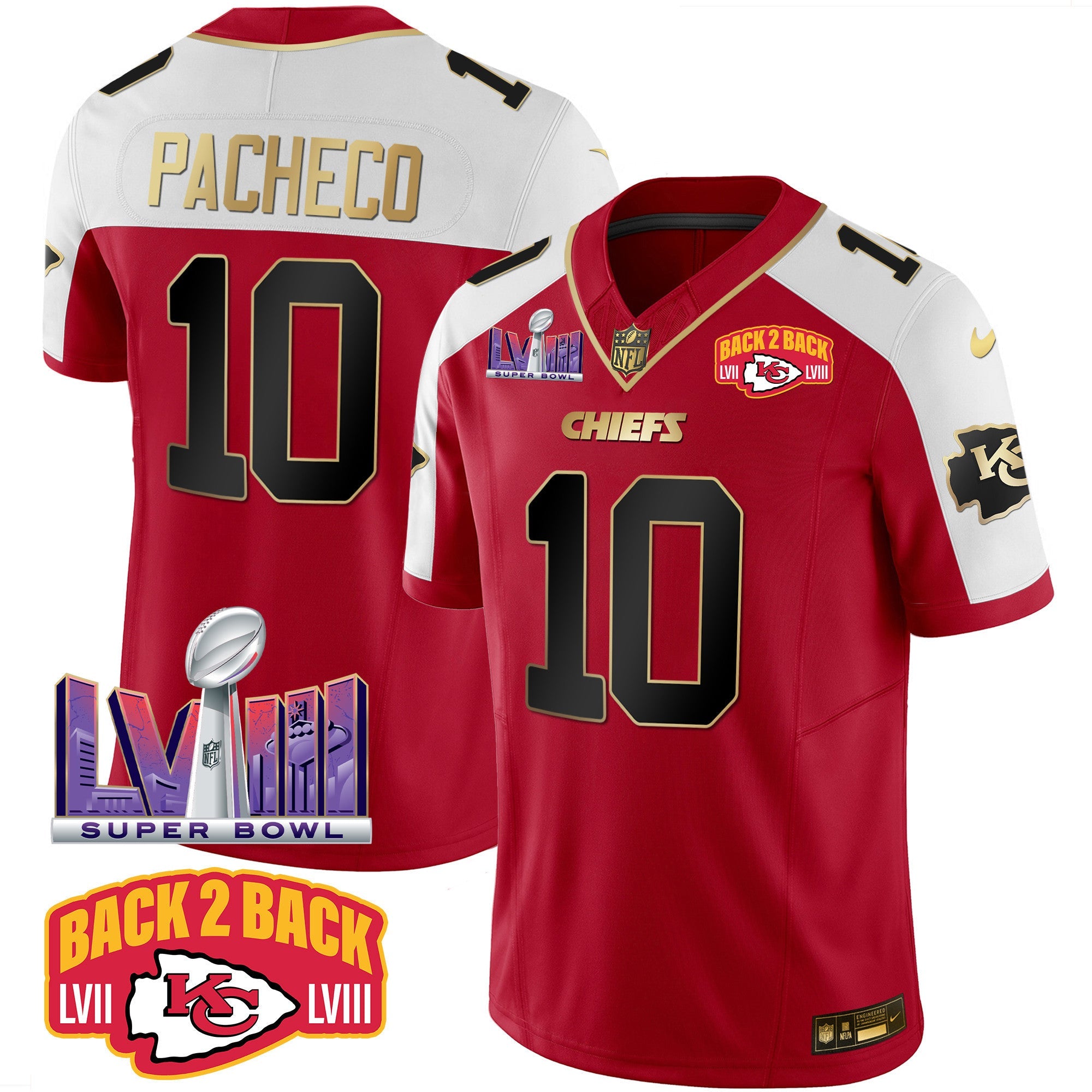 Chiefs Super Bowl LVIII & Back 2 Back Patch Vapor Jersey – All Stitched – Red Alternate – Isiah Pacheco Jersey