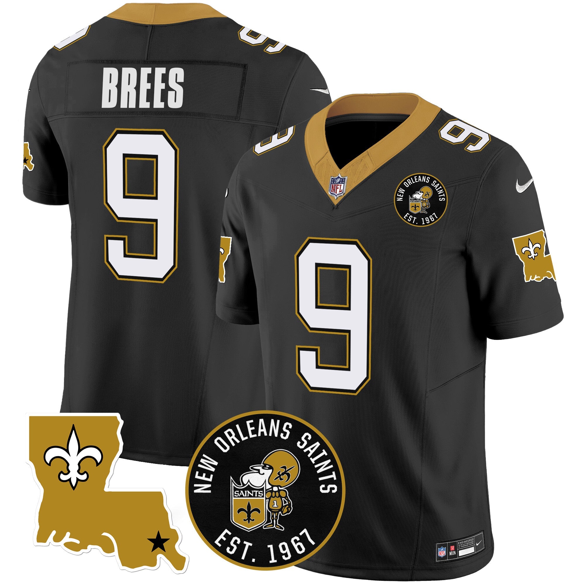 Saints EST. 1967 Patch Vapor Jersey – All Stitched – Black – Drew Brees Jersey