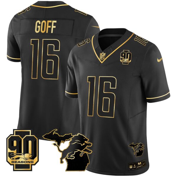 Detroit Lions 90th Year & Michigan Patch Gold Vapor Jersey – All Stitched – Black Gold – Jared Goff Jersey