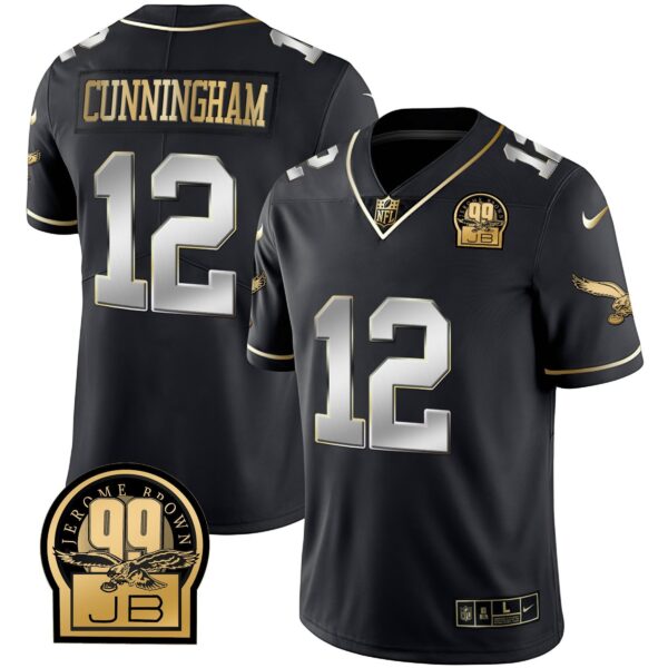 Eagles Jerome Brown Retired Patch Gold & Kelly Jersey – All Stitched – Black Limited – Randall Cunningham Jersey