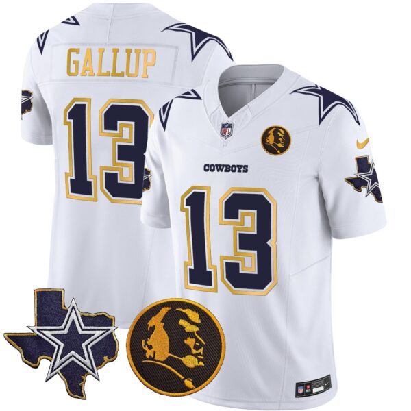 Cowboys Texas & John Madden Patch Gold Trim Vapor Jersey – All Stitched – White – Michael Gallup Jersey