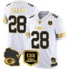Packers 13 Time World Champions & Home Patch Gold Vapor Jersey V2 – All Stitched – White Gold – AJ Dillon Jersey