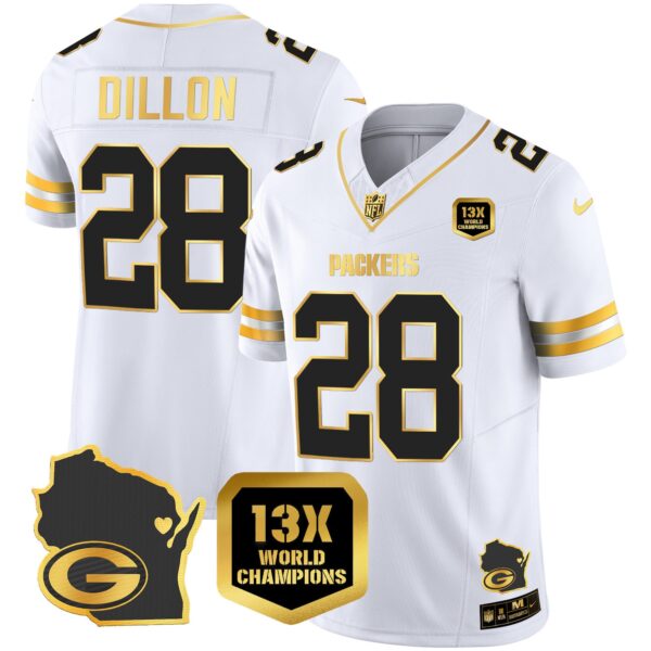 Packers 13 Time World Champions & Home Patch Gold Vapor Jersey V2 – All Stitched – White Gold – AJ Dillon Jersey