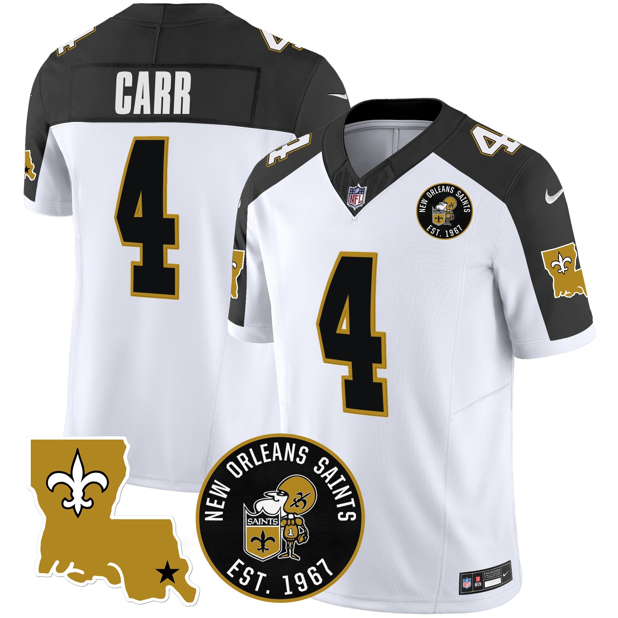 Saints EST. 1967 Patch Vapor Jersey – All Stitched – Inverted – Derek Carr Jersey
