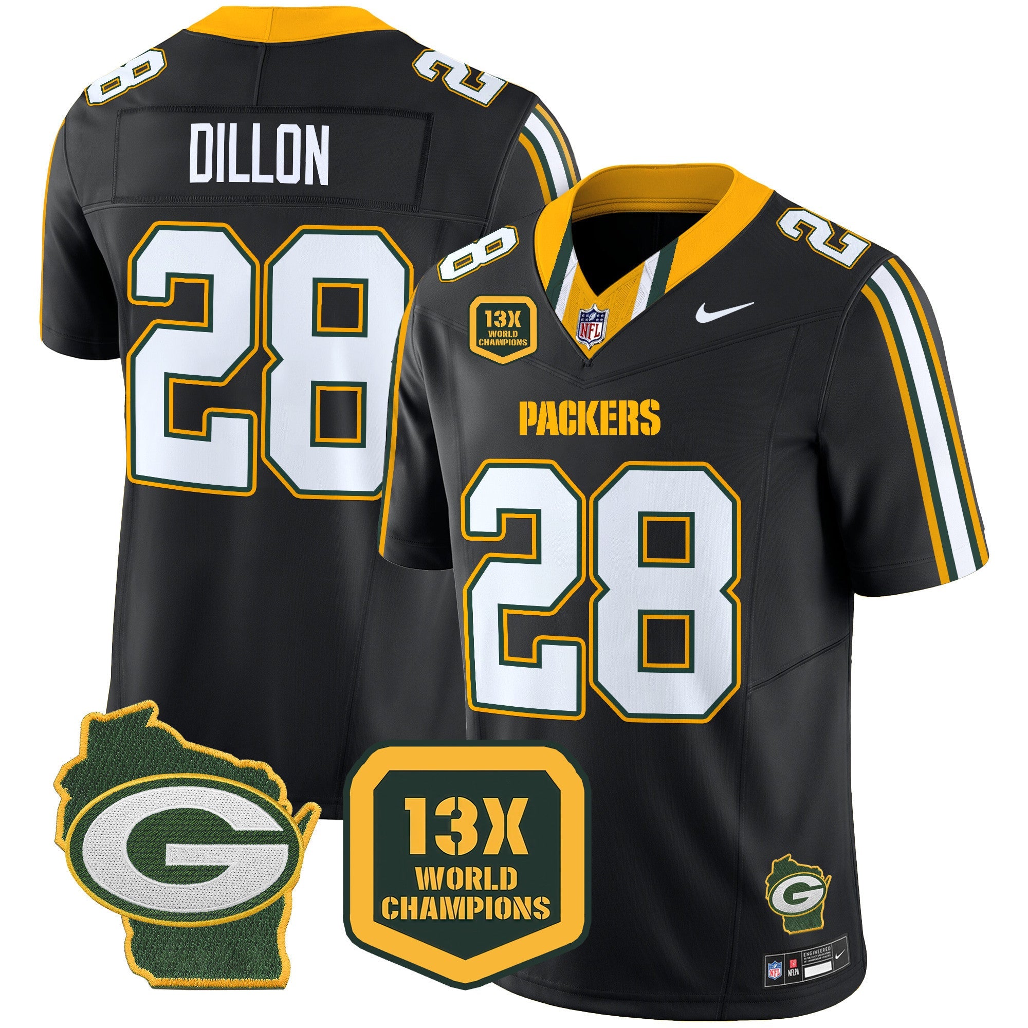 Packers 13 Time World Champions & Home Patch Vapor Limited Jersey – All Stitched – Black – AJ Dillon Jersey