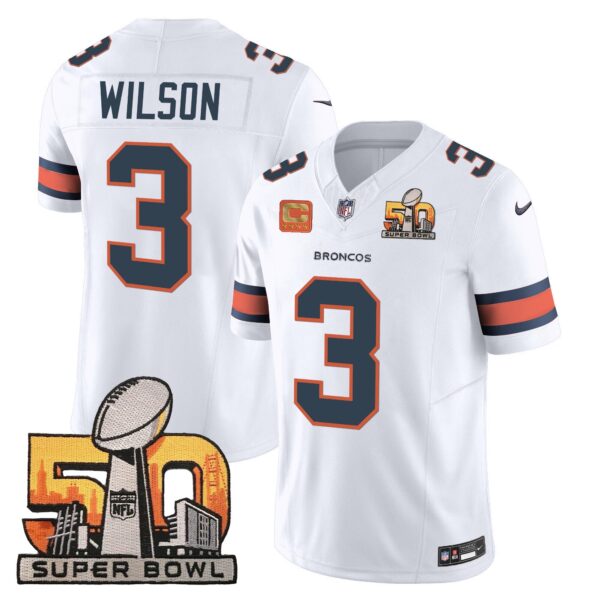 Denver Broncos Super Bowl 50 Patch Vapor Jersey – All Stitched – White – Russell Wilson Jersey