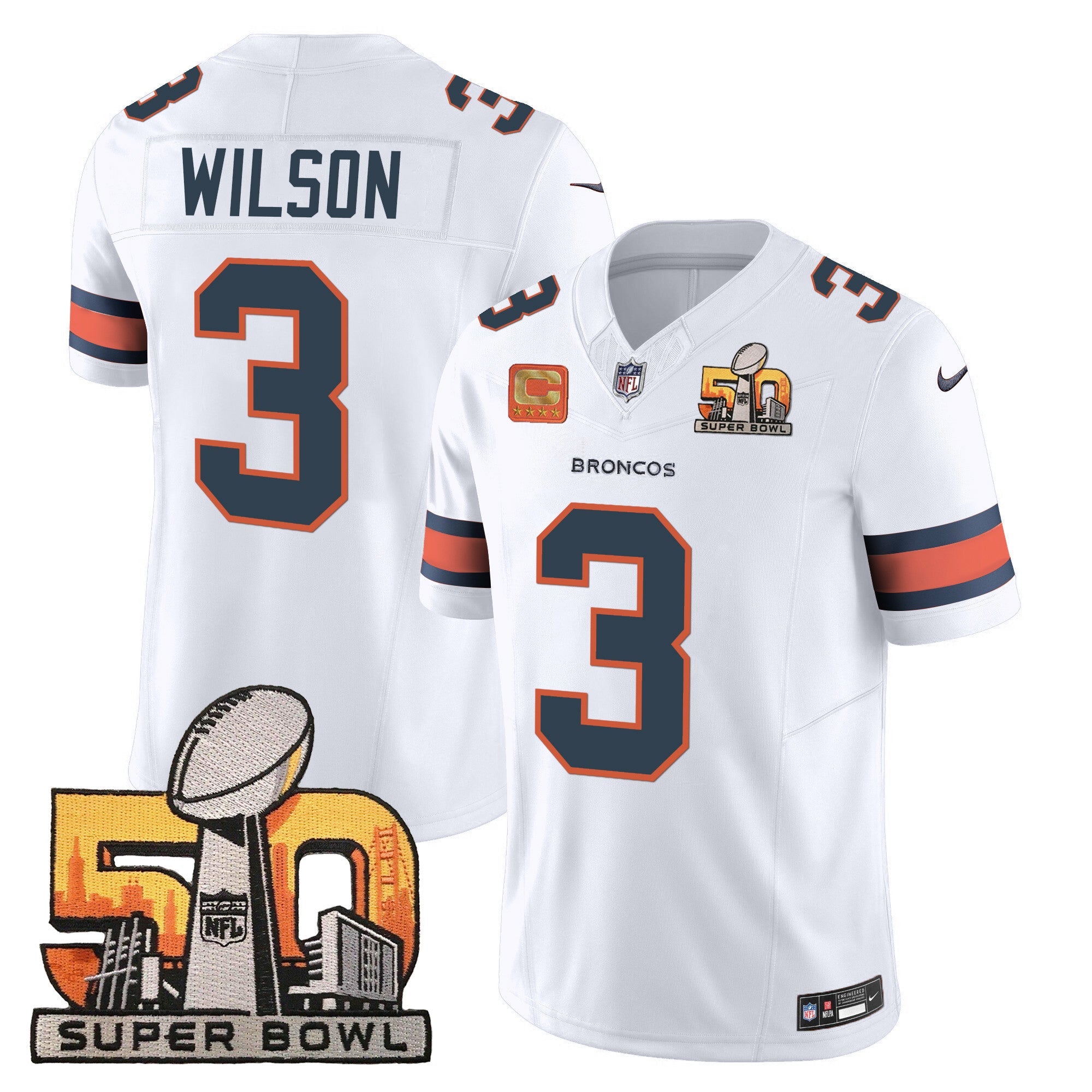 Denver Broncos Super Bowl 50 Patch Vapor Jersey – All Stitched – White – Russell Wilson Jersey