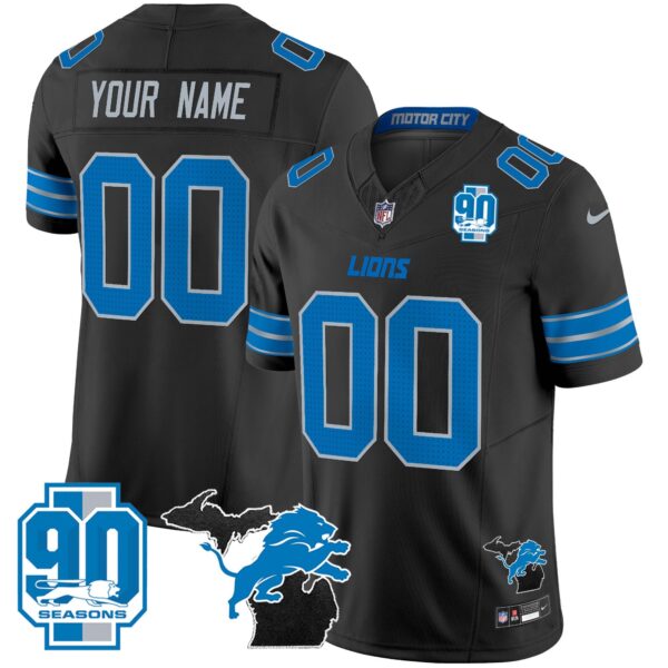 Detroit Lions 2024 Michigan & 90th Year Patch Vapor Custom Jersey – All Stitched – Black Jersey