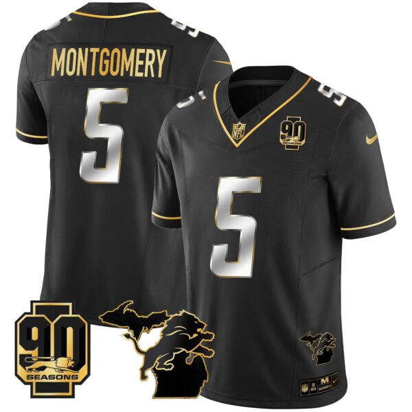 Detroit Lions 90th Year & Michigan Patch Gold Vapor Jersey – All Stitched – Black Limited – David Montgomery Jersey