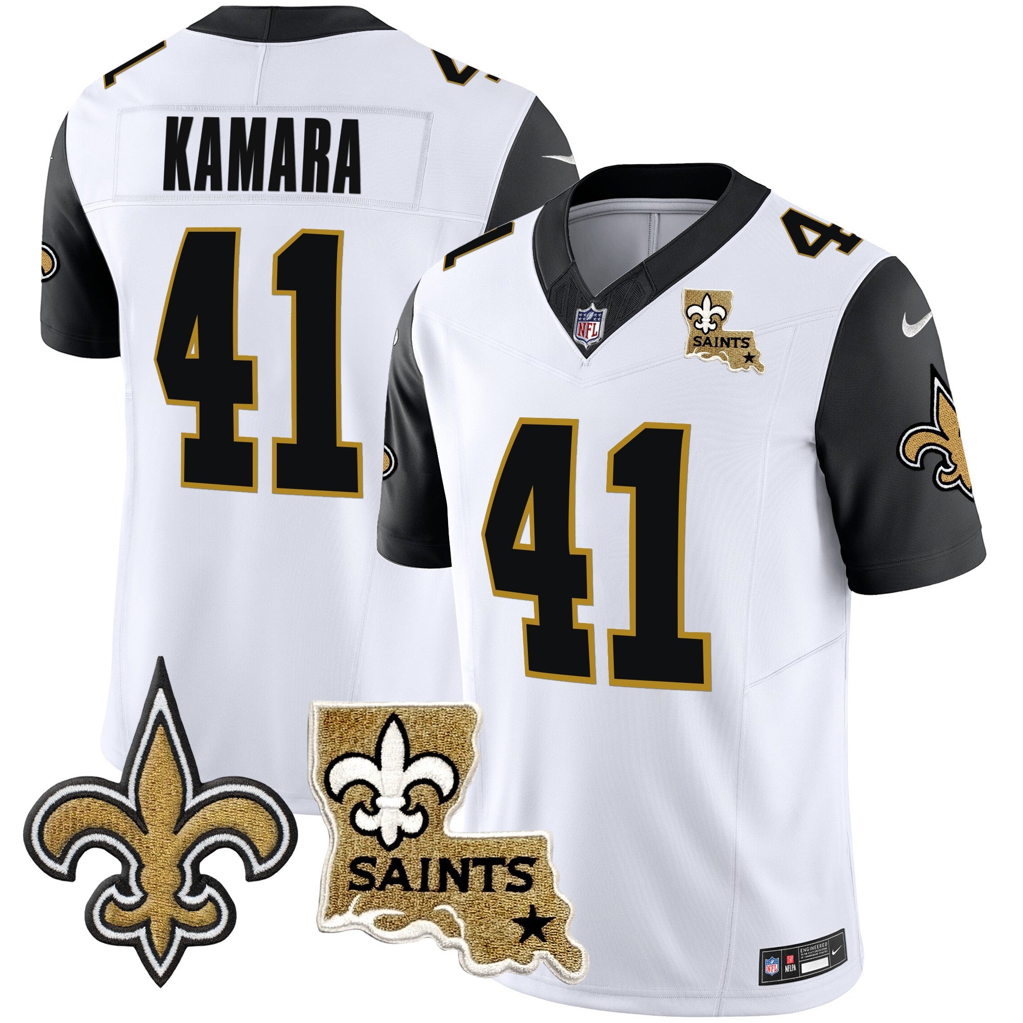 Saints Vapor Limited Jersey – New Orleans Patch – All Stitched – Black Sleeves – Alvin Kamara Jersey