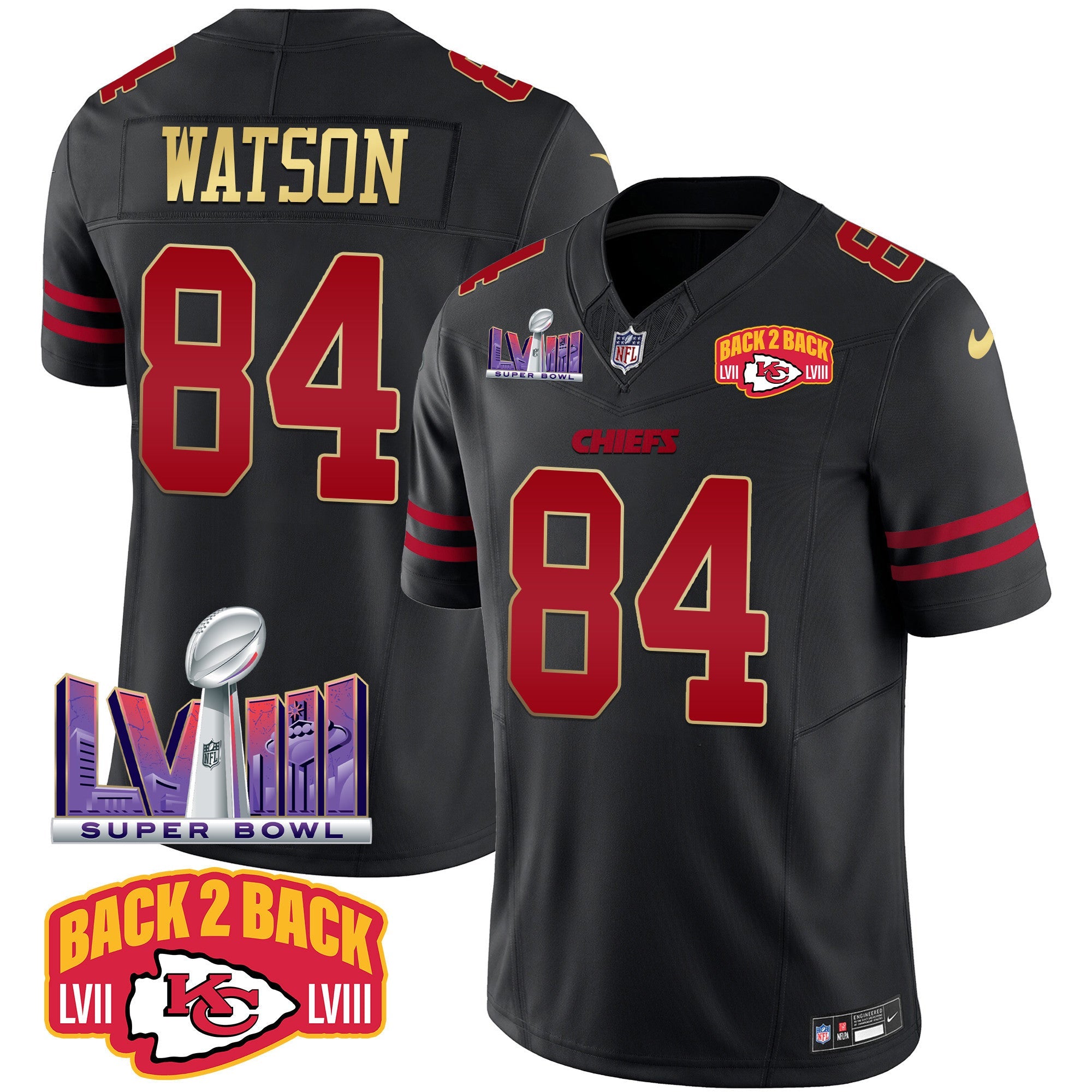 Chiefs Super Bowl LVIII & Back 2 Back Patch Vapor Jersey – All Stitched – Gold Trim – Justin Watson Jersey