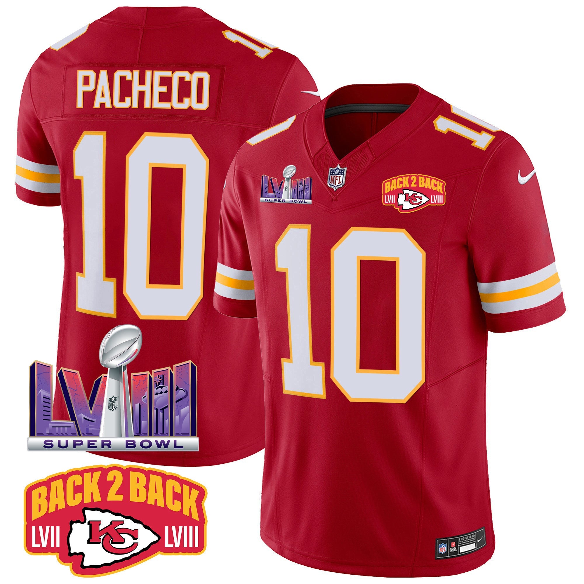 Chiefs Super Bowl LVIII & Back 2 Back Patch Vapor Jersey – All Stitched – Red – Isiah Pacheco Jersey