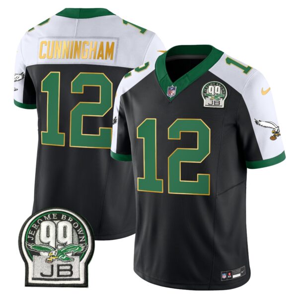Eagles Jerome Brown Patch Kelly Green Gold Trim Jersey – All Stitched – Black Alternate – Randall Cunningham Jersey