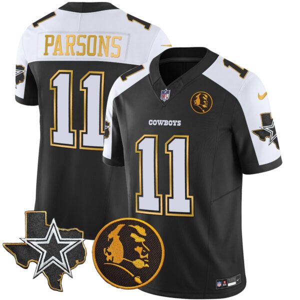 Cowboys Texas & John Madden Patch Gold Trim Vapor Jersey – All Stitched – Black Alternate – Micah Parsons Jersey