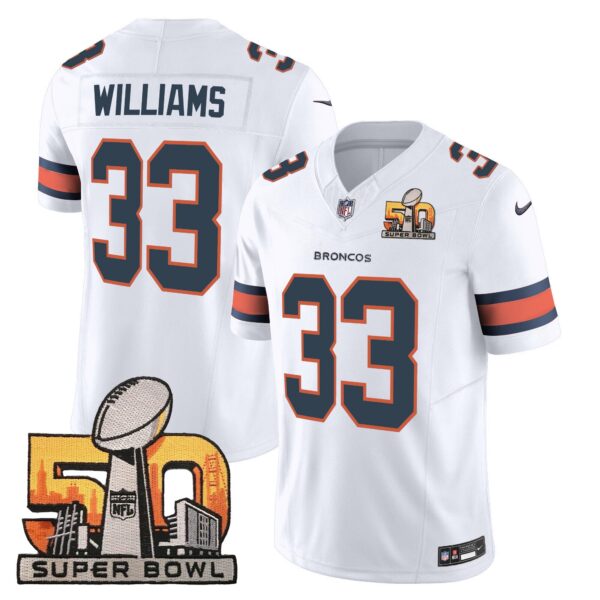 Denver Broncos Super Bowl 50 Patch Vapor Jersey – All Stitched – White – Javonte Williams Jersey