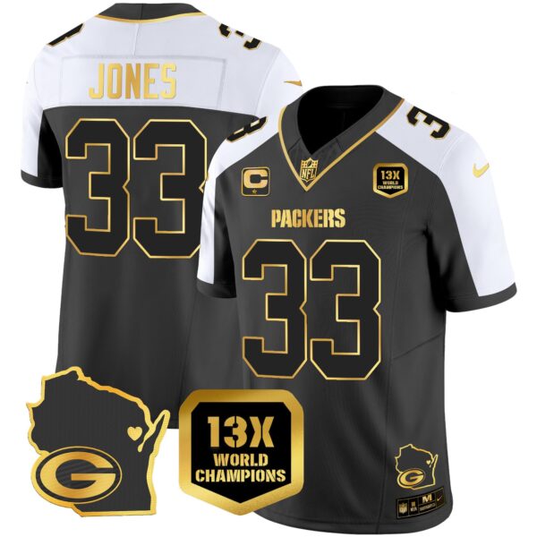 Packers 13 Time World Champions & Home Patch Gold Vapor Jersey V2 – All Stitched – Alternate – Aaron Jones Jersey