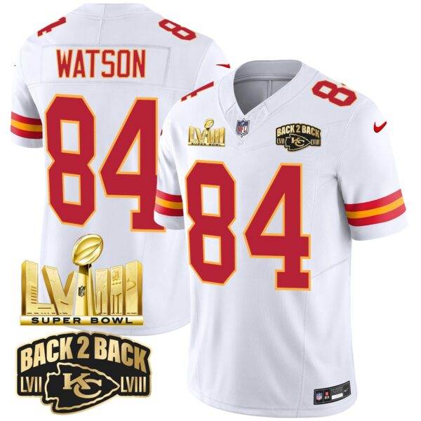 Chiefs Super Bowl LVIII & Back 2 Back Gold Patch Vapor Jersey – All Stitched – White – Justin Watson Jersey