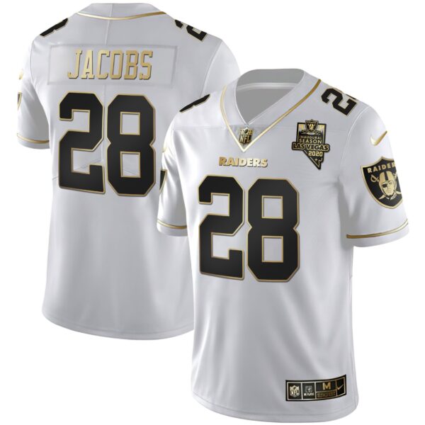 Raiders Inaugural Season Patch Gold & Split – All Stitched – White Gold – Josh Jacobs Jersey